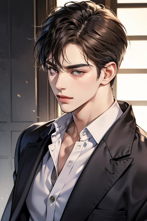 masterpiece, best quality, realistic, 1man, mature male, quiet and charming young man, 25 year old, a smirk, closed mouth, portrait, extremely detailed face, cold smile, ((dark grey eyes)), ((short-right-swept dark brown hair)), [thick eyebrows], ((suit)), handsome, distant shot, western, Jewish, light brown skin