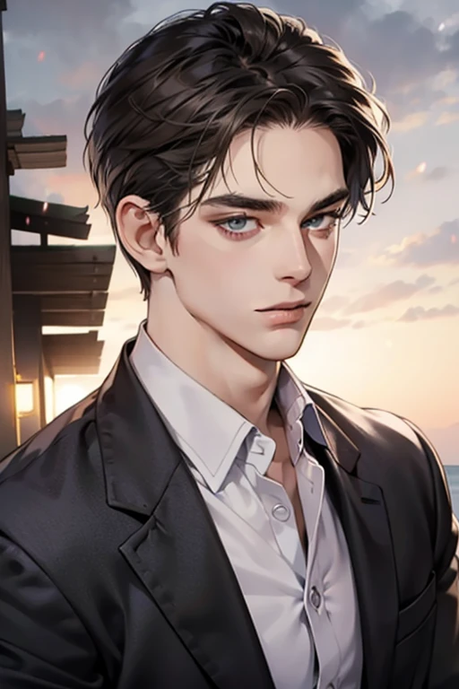 masterpiece, best quality, realistic, 1man, mature male, quiet and charming young man, 25 year old, a smirk, closed mouth, portrait, extremely detailed face, cold smile, ((dark grey eyes)), ((short-right-swept dark brown hair)), [thick eyebrows], ((suit)), handsome, distant shot, western, Jewish, light brown skin