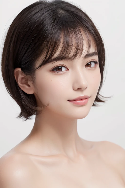 ((masterpiece, highest quality, High resolution)), 1 girl, (Realistic: 1.4), alone, White Background, snow-White Background, Mouth closed, Smile, Beautiful black hair, short hair, Big eyes, Transparent double eyelids, eyelash, Listen carefully, Absolute area, ((Face close-up)), (Draw the whole head, shoulder), 30 years old, Attractive proportions, Shiny skin, Beautiful collarbone, A face of golden proportions, Perfect Face, Teardrop-shaped moles, Mole on chest, bangs, clean bangs, beautiful bangs, Lip gloss, Thin lips, Pale skin, naked, Small breasts, Small face, All the heads are painted, shoulder all drawn, Look slightly up and into the camera、Japanese、nude、全naked