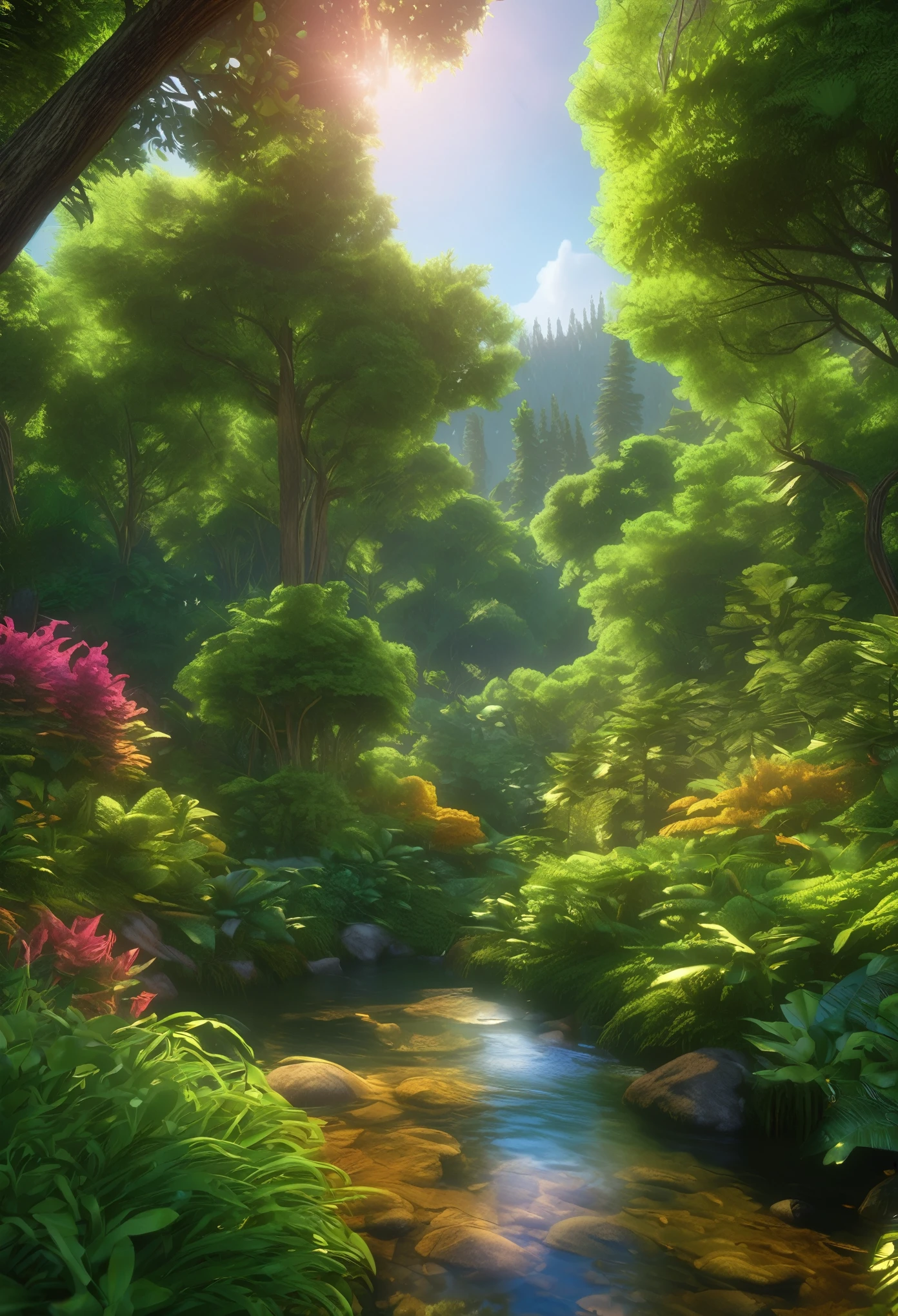 a lush, verdant forest landscape, beautiful scenic vista, high quality, 8k, hyperrealistic, extremely detailed, intricate details, photorealistic, volumetric lighting, dramatic lighting, vibrant colors, serene atmosphere, serene nature, peaceful ambiance, masterpiece, award winning