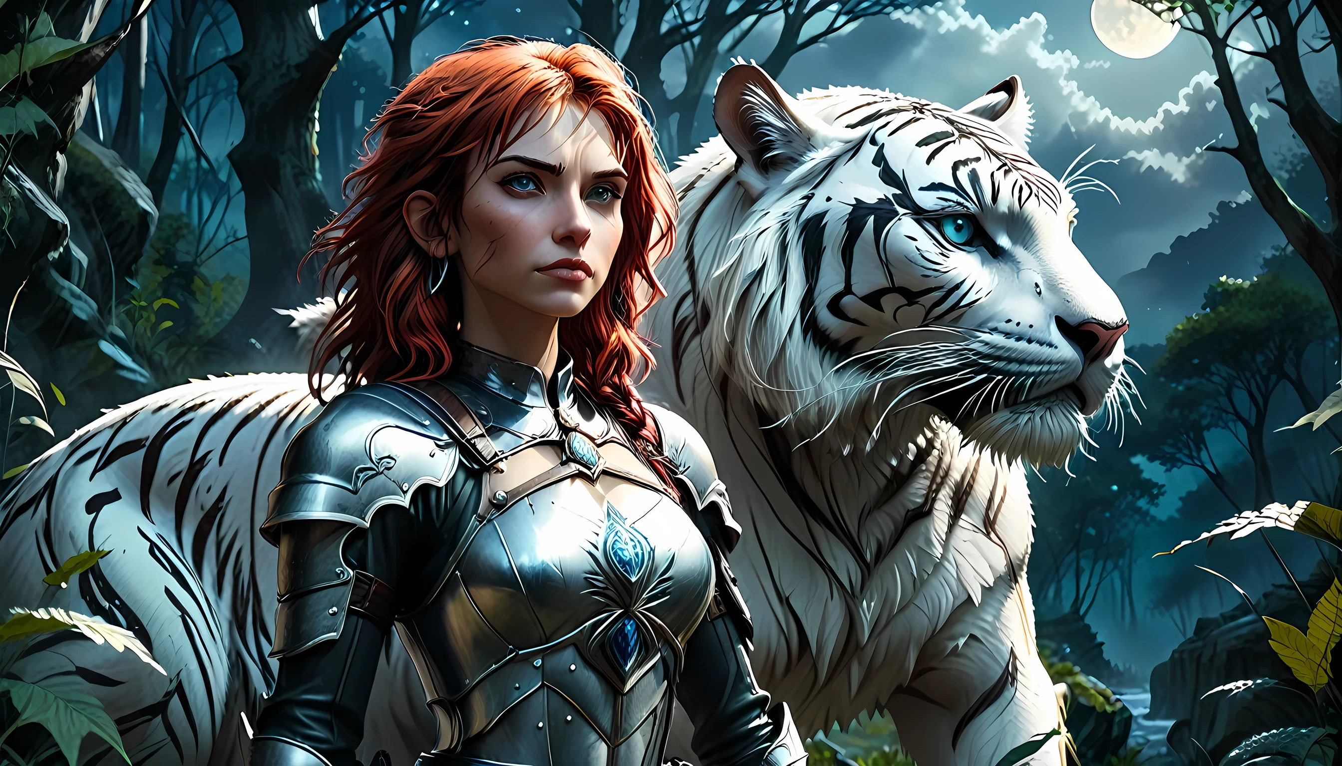 high details, best quality, 16k, [Ultra detailed], masterpiece,  best quality, (extremely detailed), dynamic angle, ultra wide shot, RAW, photorealistic, fantasy art, RPG art, realistic art, a wide angle picture of an epic female elf ranger and her pet (white tiger: 1.3),  warrior of nature, fighter of nature, full body, [[anatomically correct]] full body (intricate details, Masterpiece, best quality: 1.5) talking to an epic ((white tiger: 1.5)) (intricate details, Masterpiece, best quality: 1.6) armed with an epic magical sword  (intricate details, Masterpiece, best quality: 1.5) epic magical sword swordsman, glowing in blue light , in dark forest ( intricate details, Masterpiece, best quality: 1.4), a female beautiful epic drow wearing leather armor (intricate details, Masterpiece, best quality: 1.5), leather boots, thick hair, long hair, red hair, pale skin intense eyes, forest  background (intense details), moon light, stars light, clouds (intricate details, Masterpiece, best quality: 1.5), dynamic angle, (intricate details, Masterpiece, best quality: 1.3), high details, best quality, highres, ultra wide angle, ladyshadow, Armored Dress, Dark Novel