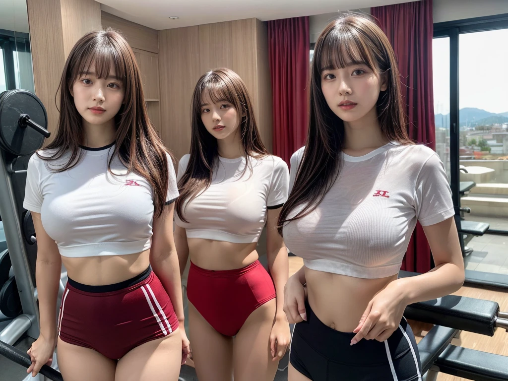 (RAW photo, 4k, masterpiece, high resolution, extremely complex) (realistic: 1.4), cinematic lighting
 ((2 girls)),Slam Dunk's,blushing,((innocent)),(Dark makeup),bright eyes,round eyes,blunt bangs,(straight hair:1.3),black hair,large breasts,wide hips,Summer Noon,  girl、cute type、lolita,Hot, (Best Quality), (Highres), (an Extremely Delicate and Beautiful),(Beautiful 8k face),(Brown eyes),short bob hair,( spectators),(gigantic breasts),(Play with each other,Touching each other's bodies,Touching the body),(School-specified gym clothes, white gym uniform, short sleeve, wine red tight bloomers, tuck in),(reality),bright lighting,(The background is a luxury hotel room)