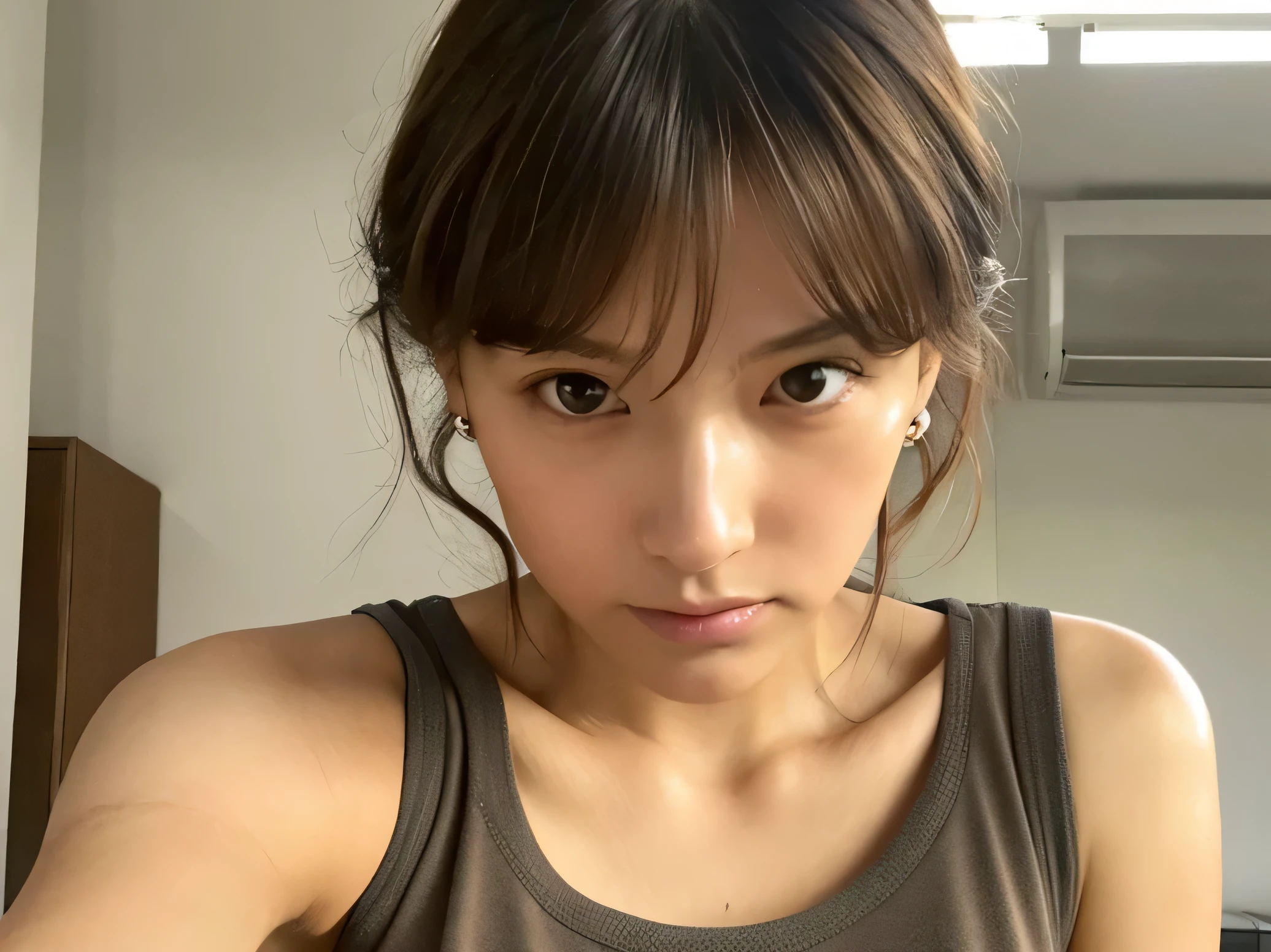Look into the eyes, Eye contact, Front of face, Front face, face, head, Cross-legged, indoor, Brown Hair, bangs, Light clothing, Tank top, Sweat, Sweaty, Sweat, clavicle, Cross-legged, Light from below, chest, Earrings, Private room, bed
