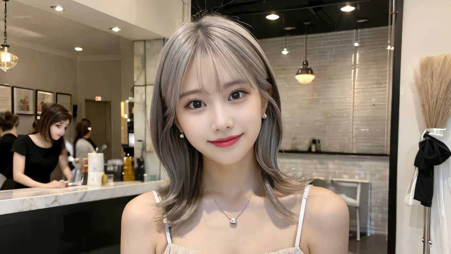 super high quality, short hair, thin, Photography Sculpture, The staff is working at the counter in the back.., (8k、RAW Photos、highest quality、masterpiece:1.2), Japanese Idols, Shaggy, Sportswear, Stylish cafe, People having fun at the cafe々Bustling with., (Realistic、Realistic:1.37), Mesh Hair, Urban Cafe, Golden Ratio, RAW Photos, Cute Face , Earrings, Small breasts, Bright cafe interior, Beauty Salon Model, Silver Hair, Spring Clothes, necklace, Beautiful Hairstyles, Spoiled, smile, Hair blowing in the wind, Dress neatly, boyish, 18-year-old, younger sister, 
