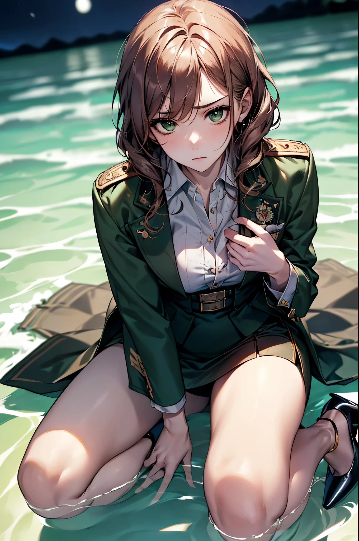 ((Biologically correct limb count))、(( whole body including face))、4K、Masterpiece、((Focus on the face))、((Symmetrical, well-proportioned facial features))、Eyes with delicate depictions、(((1 person)))、Beautiful woman、Outstanding style、Slender Body、、((Green military uniform、shirt、Checked Skirt,(High heels)))、(((Above the water)))、(Troubled face)、(Close-up photo of the upper body)、High angle、Photos with a white border around them、night、seiza