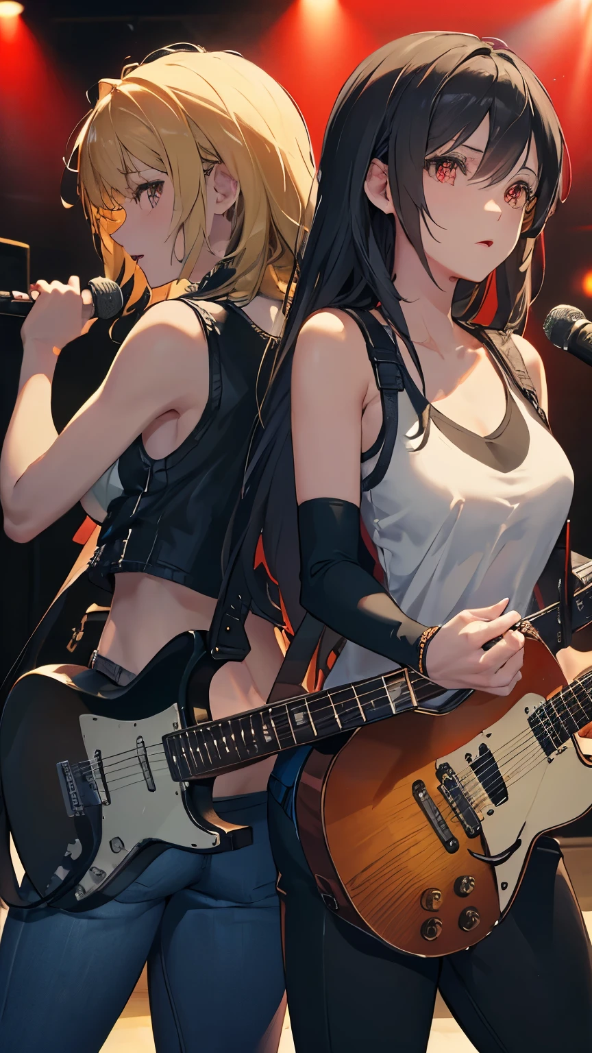 (detailed face), high details, high quality, best quality, masterpiece, Ultra-realism, Detailed and clear depiction, ((Two guitarists playing back to back at a live venue)), two guitarists, Electric guitar, rock band, colorful lights, enthusiasm, (Black hair, long hair, tank top, leather pants), (Blonde, short hair, frayed denim jacket, T-shirt)