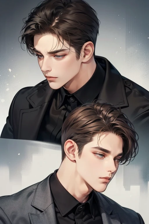 masterpiece, best quality, realistic, ((1male)), mature male, quiet and charming young man, 25 years old, close his eyes, serious, closed mouth, extremely detailed face, cold, ((dark grey eyes)), ((short-right-swept dark brown hair)), [thick eyebrows], mafia, ((black suit)), accurate, detailed.