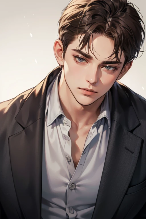 masterpiece, best quality, realistic, ((1male)), mature male, quiet and charming young man, 25 years old, close his eyes, serious, closed mouth, extremely detailed face, cold, ((dark grey eyes)), ((short-right-swept dark brown hair)), [thick eyebrows], mafia, ((black suit)), accurate, detailed.