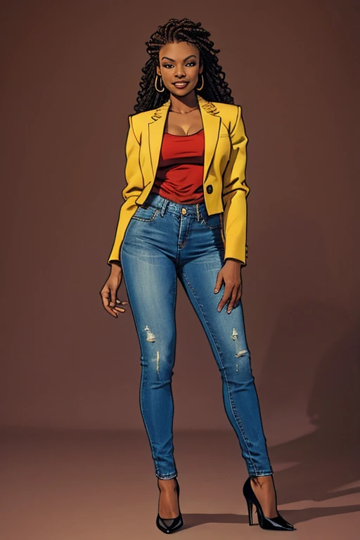 (full body:1;4), Beautiful 19 yo African woman. Fit, tall, perfect ass, shapely toned legs. Long braided hair. Friendly smile. Jacket, blouse, jeans, open toe heels.(joy)