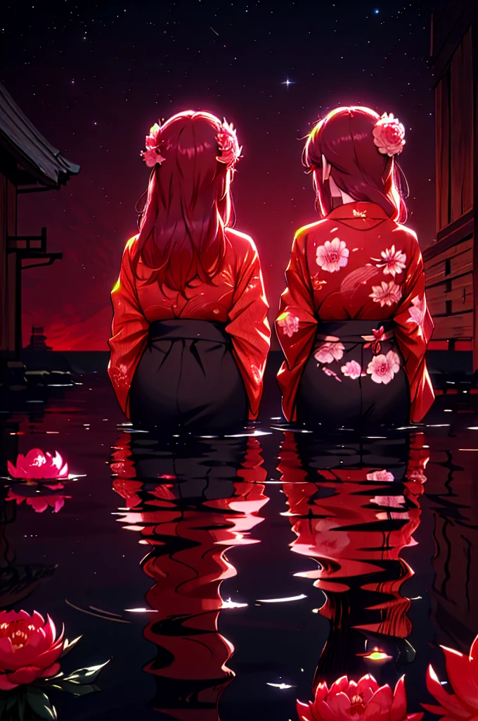 Very detailed, high quality, masterpiece, beautiful, night, (Dark Environment), Mountain々, water, wood, Red Moon, Peony, PeonyKimono, hair ornaments, Hair Flowers, Double good, From behind,