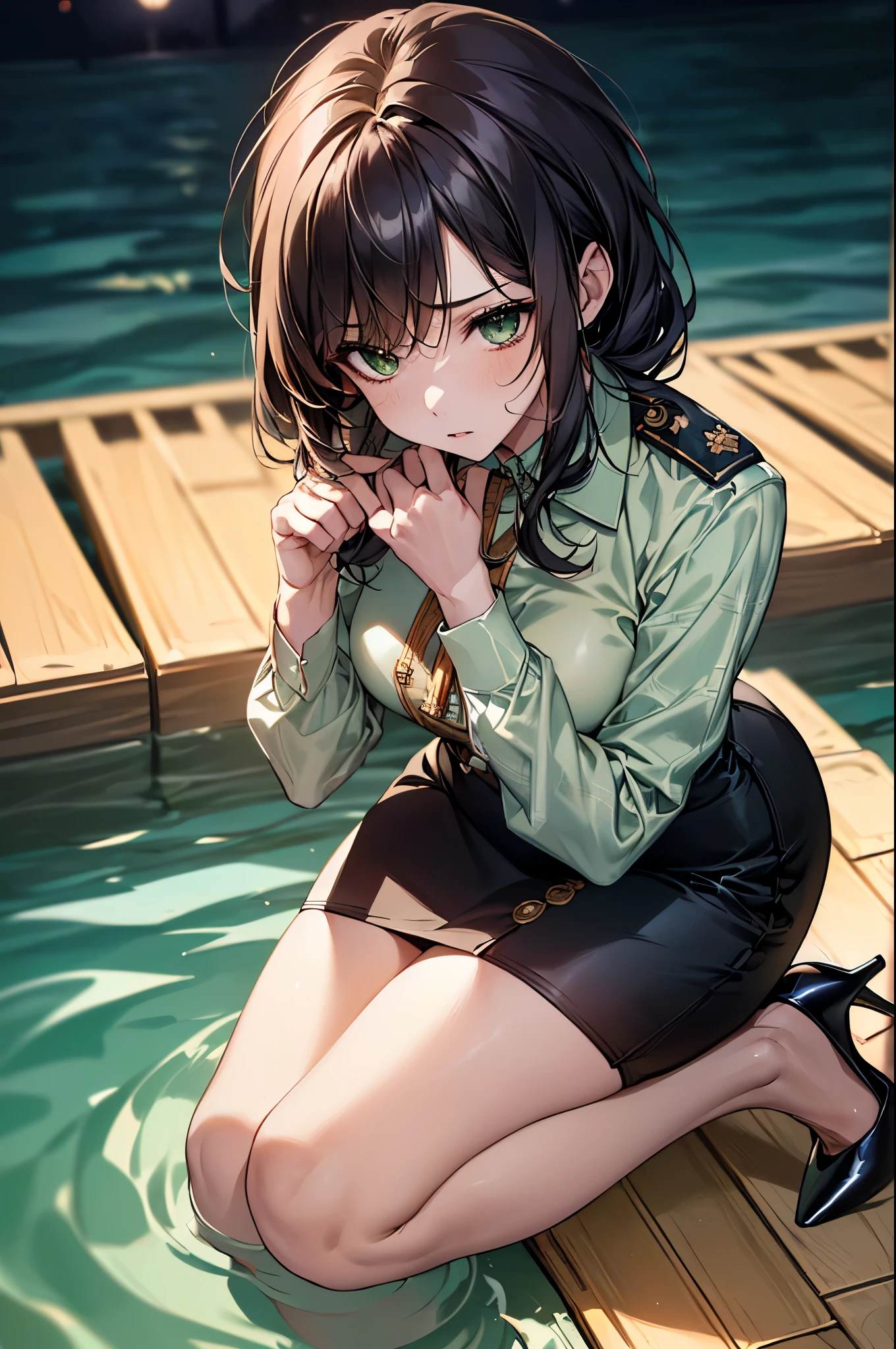 ((Biologically correct limb count))、(( whole body including face))、4K、Masterpiece、((Focus on the face))、((Symmetrical, well-proportioned facial features))、Eyes with delicate depictions、(((1 person)))、Beautiful woman、Outstanding style、Slender Body、、((Green military uniform、shirt、Checked Skirt,(High heels)))、(((Above the water)))、(Troubled face)、(Close-up photo of the upper body)、High angle、Photos with a white border around them、night、seiza