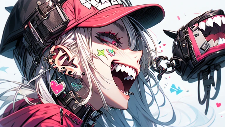 (masterpiece:1.2), best quality,PIXIV,Rebellious girl,portrait, 
1girl, hat, open mouth, sharp teeth, white hair, solo, teeth, long hair, white background, jewelry, badge, button badge, hood, pink eyes, earrings, simple background, jacket, eyelashes, from side, hood down, star (symbol), profile, upper body, clothes writing, zipper, collar, cable, chain, tongue, heart, hat ornament, piercing, barcode, portrait, sticker, hoodie, smile, spikes, baseball cap
 