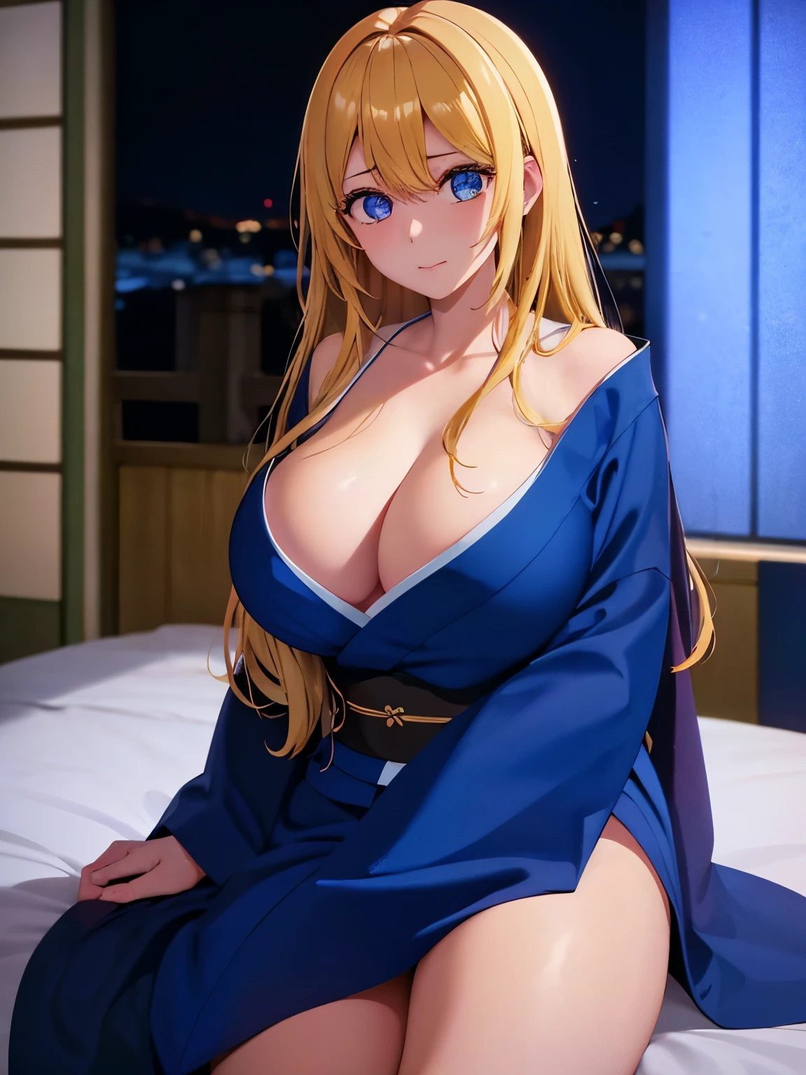 1woman,Sitting in bed, in Japanese house, night, stunning,close up photo, very detailed face,cute,,HD face, perfect face, blue kimono,short kimono, cleavage visible,Very big breasts,Blonde hair,blonde hair,bangs,long hair,ultra detail,ultra Hd, masterpiece,4k