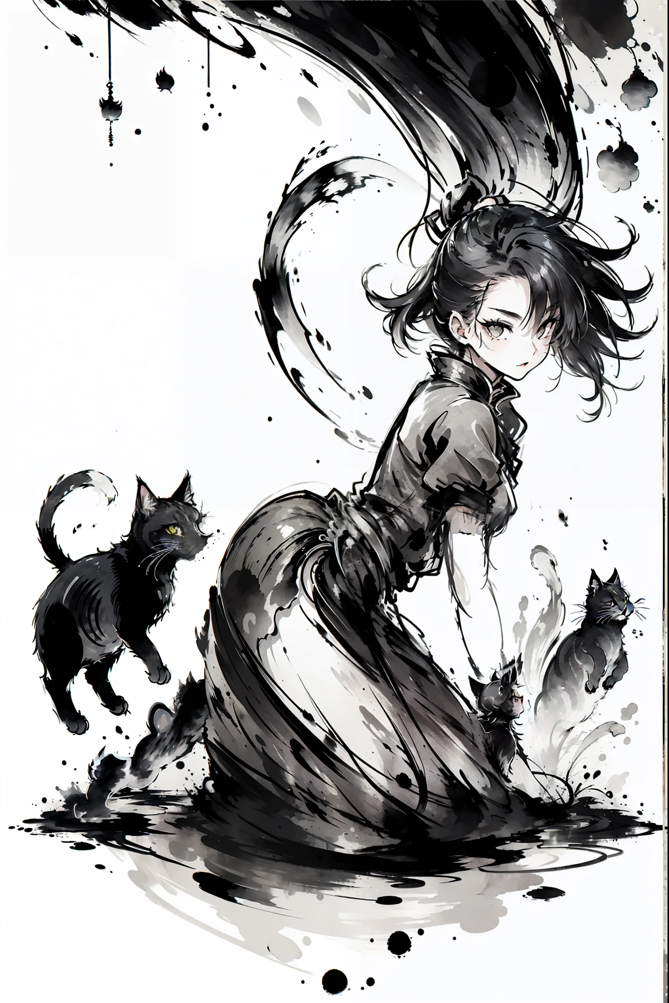 (最high quality:1.2, masterpiece:1.2, Best aesthetics), Black and White, Monochrome artwork, Ink Painting, (((1 girl and 1 cat))), Straight Long Hair, China dress, Vibrant, female curvy beauty, (With a cat:1.2), Expressing a sense of speed with ink splashes, (((Aggressive cat action:1.2, Kitten on the move:1.2, Front view))), high quality, (((Ink Painting))),