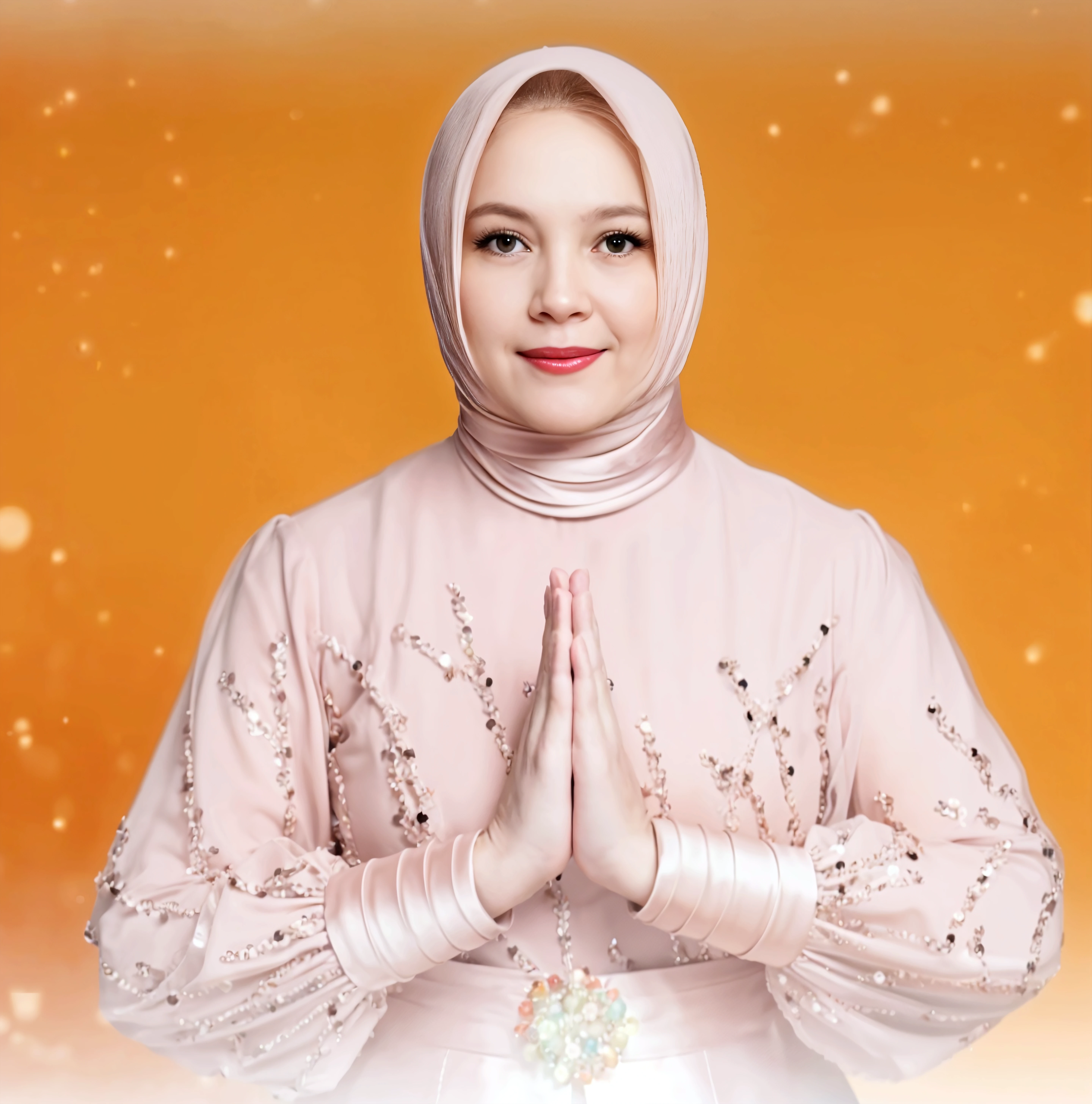 The image is a computer rendering of a woman wearing a hijab and a gold top, posing with a smile. The image shows a woman wearing a hijab, smiling and holding her breasts, which are exposed, against a white background.