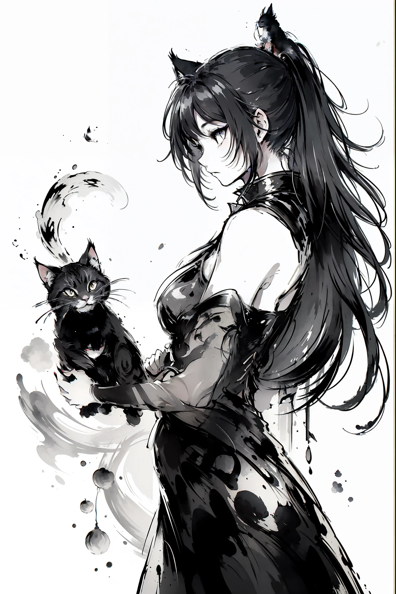 (最high quality:1.2, masterpiece:1.2, Best aesthetics), Black and White, Monochrome artwork, Ink Painting, (((1 girl and 1 cat))), Straight Long Hair, China dress, Vibrant, female curvy beauty, (With a cat:1.2), Expressing a sense of speed with ink splashes, (((Aggressive cat action:1.2, Kitten on the move:1.2, Front view))), high quality, (((Ink Painting))),