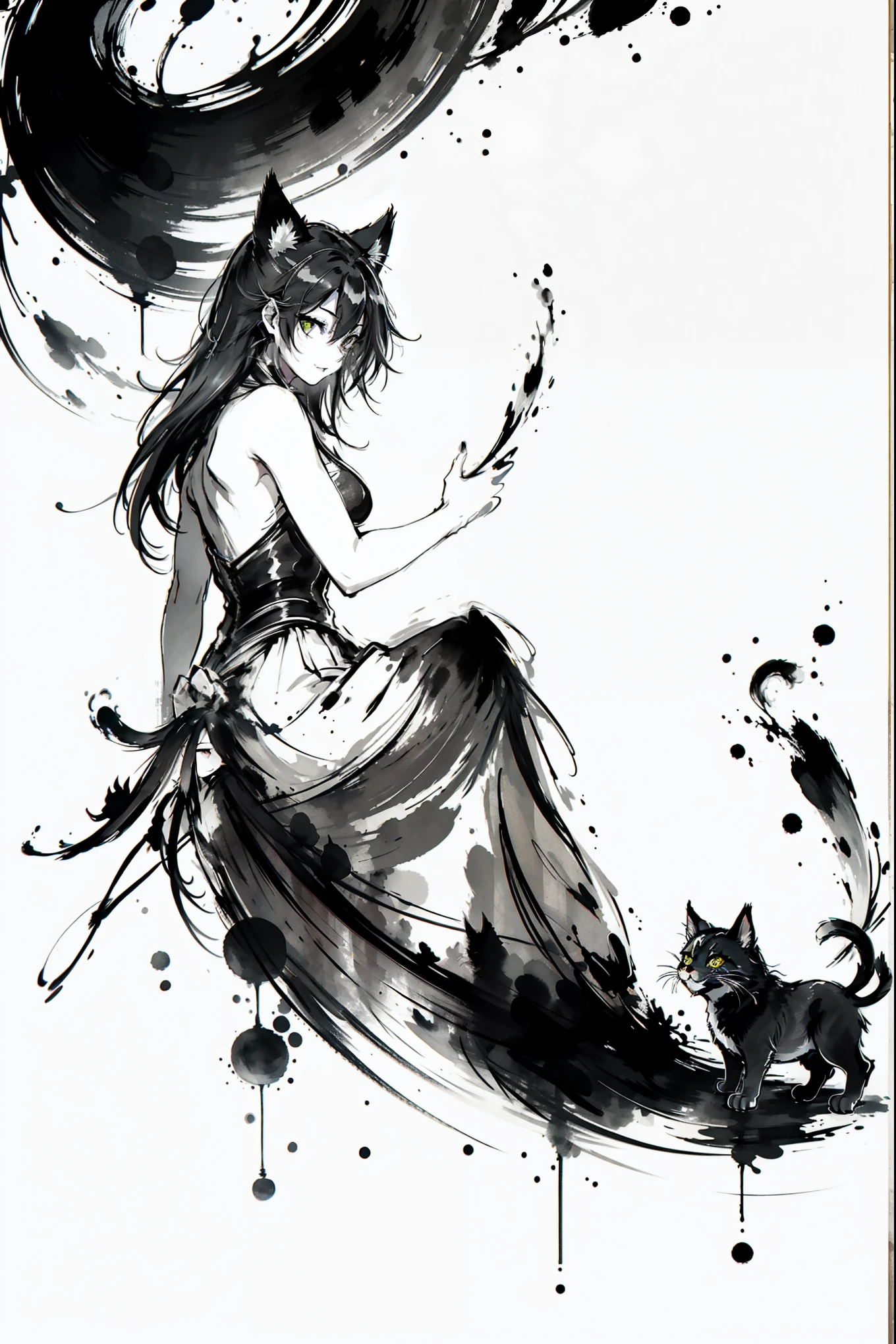 (8k, RAW Photos, 最high quality, masterpiece: 1.2), Black and White, Monochrome artwork, Ink Painting, (((1 girl and 1 cat))), Straight Long Hair, China dress, Vibrant, female curvy beauty, (With a cat:1.2), Expressing a sense of speed with ink splashes, (((Aggressive cat action:1.2, Kitten on the move:1.2, Front view))), high quality, (((Ink Painting))),