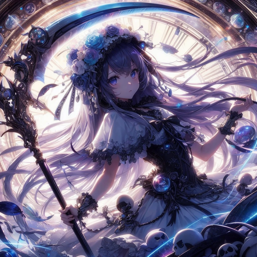 masterpiece、High resolution、A vortex of light like a science fiction movie、Japanese Gothic Lolita Girl with Grim Reaper&#39;Sickle、Delicate and precise writing、And soul、Awareness-raising