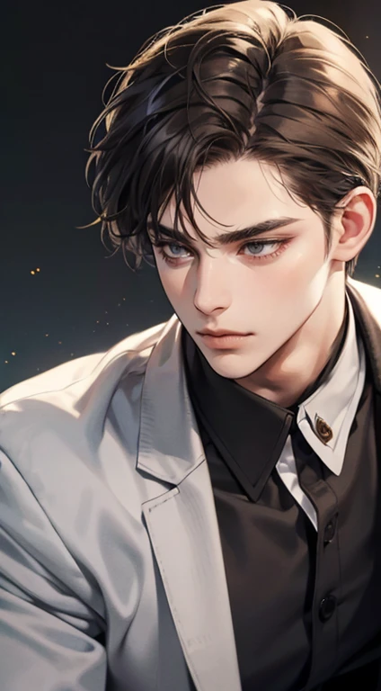 masterpiece, best quality, realistic, 1man, mature male, quiet and charming young man, 25 years old, close his eyes, serious look, extremely detailed face, ((dark grey eyes)), ((short-right-swept dark brown hair)), [thick eyebrows], detective, plain background, ((suit)), cinematic lighting, looking at the audience, posture dynamics