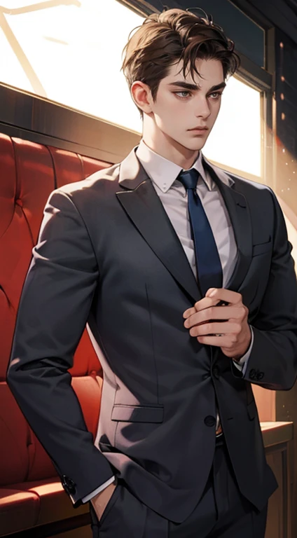 masterpiece, best quality, realistic, 1man, mature male, quiet and charming young man, 25 years old, close his eyes, serious look, extremely detailed face, ((dark grey eyes)), ((short-right-swept dark brown hair)), [thick eyebrows], detective, plain background, ((suit)), cinematic lighting, looking at the audience, posture dynamics