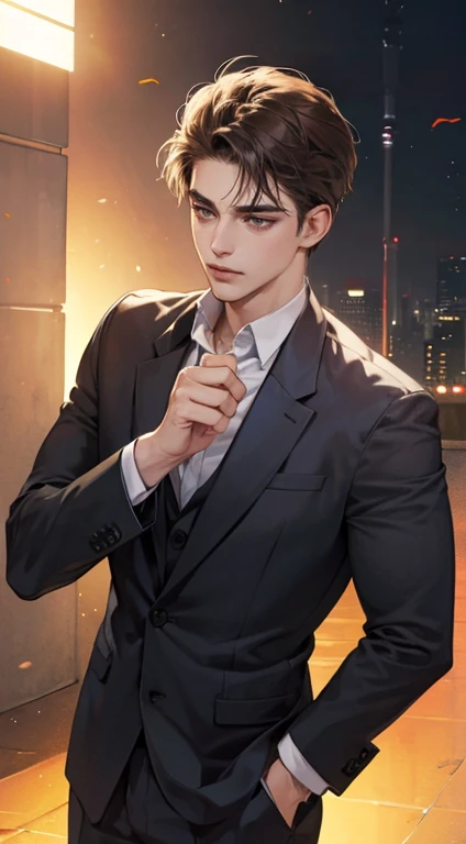 masterpiece, best quality, realistic, 1man, mature male, quiet and charming young man, 25 years old, close his eyes, serious look, extremely detailed face, ((dark grey eyes)), ((short-right-swept dark brown hair)), [thick eyebrows], detective, plain background, ((suit)), cinematic lighting, looking at the audience, posture dynamics