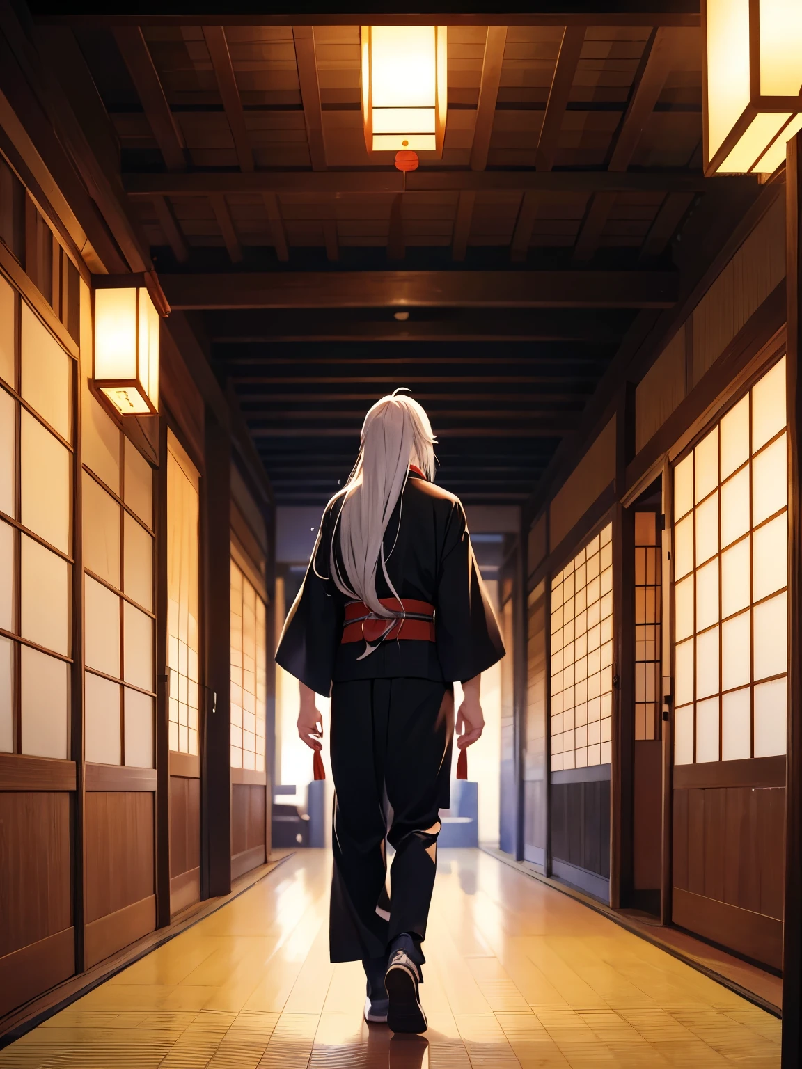 1 man,guy, Walking in a Japanese house,Facing backwards, camera angle from behind, photo from behind, looking away,handsome,Standing,white hair, long hair, red eyes,black men's kimono,at night,ultra detail,full body photo