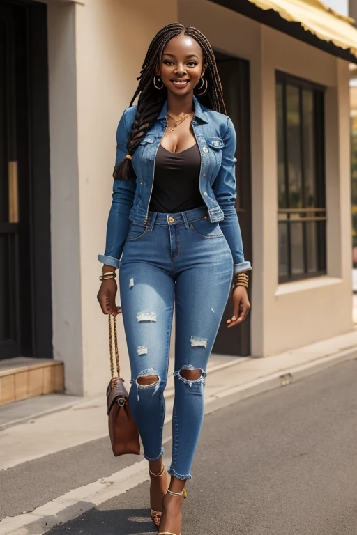 (full body:1;4), Beautiful 19 yo African woman. Fit, tall, perfect ass, shapely toned legs. Long braided hair. Friendly smile. Jacket, blouse, jeans, open toe heels.(joy)