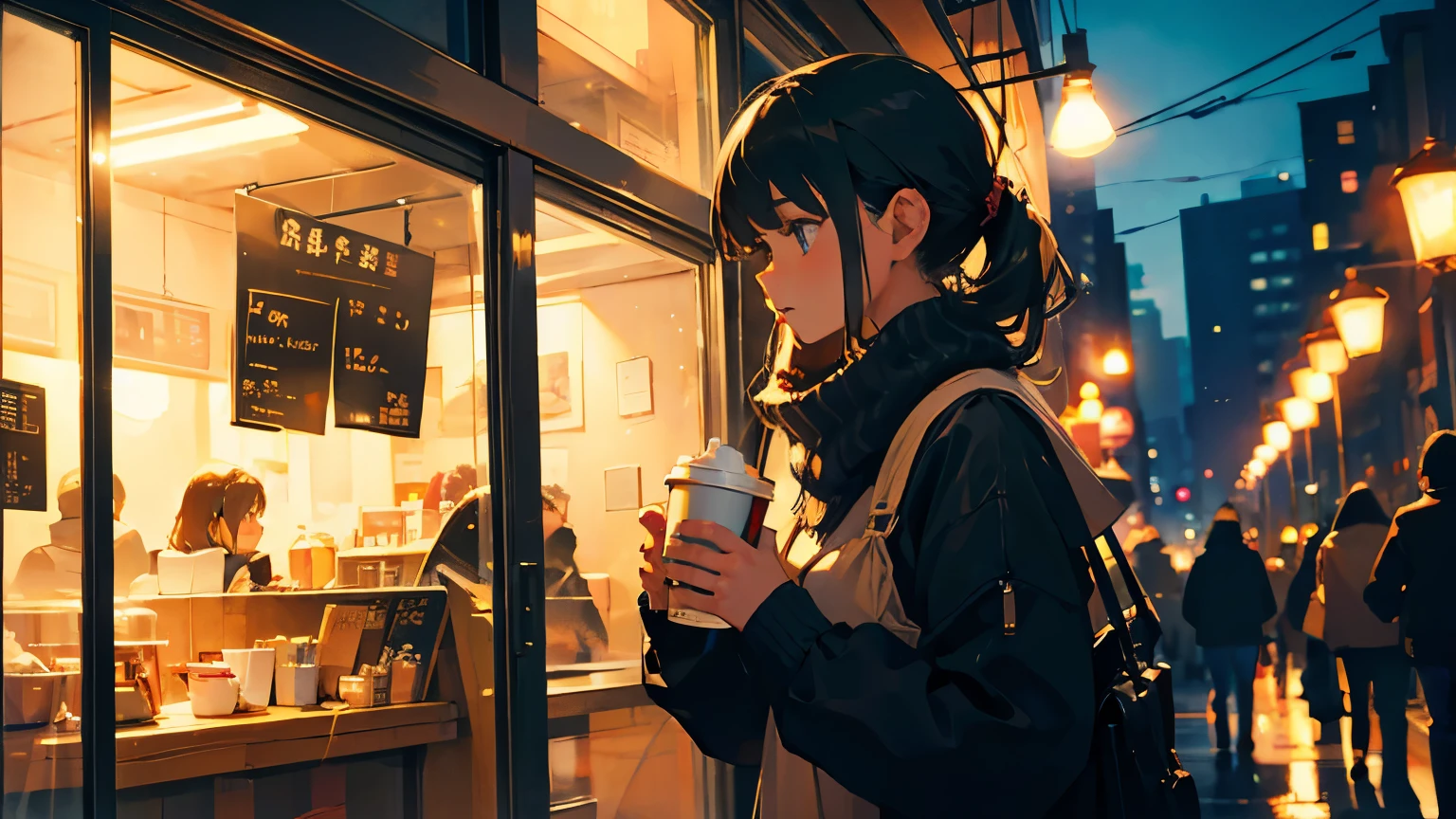 1 girl, holding coffee, study, home, warm, night, beautiful,