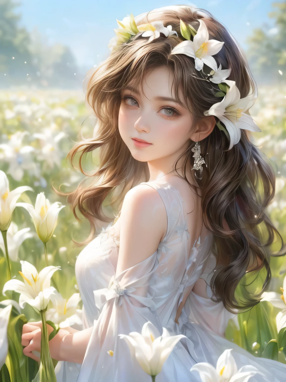 multiple exposure, masterpiece:1.2, highest quality, 16k, highres, ultra-realistic, photorealistic:1.37, beautiful detailed:1.2, cute lily fairy girl, flying in a meadow full of lilies, holding a bouquet of lilies,meadow(colorful lilies, full of lilies, bluesky), beautiful delicate pure white dress and hat with a lily motif, Beautiful and elegant pose, gently smile, beautiful delicate(hair, face, long eyelash, eyes, pupils, lips, hat, dress), sparkling eyes, shining rosy lips, blushed cheek, through bangs, prism effect