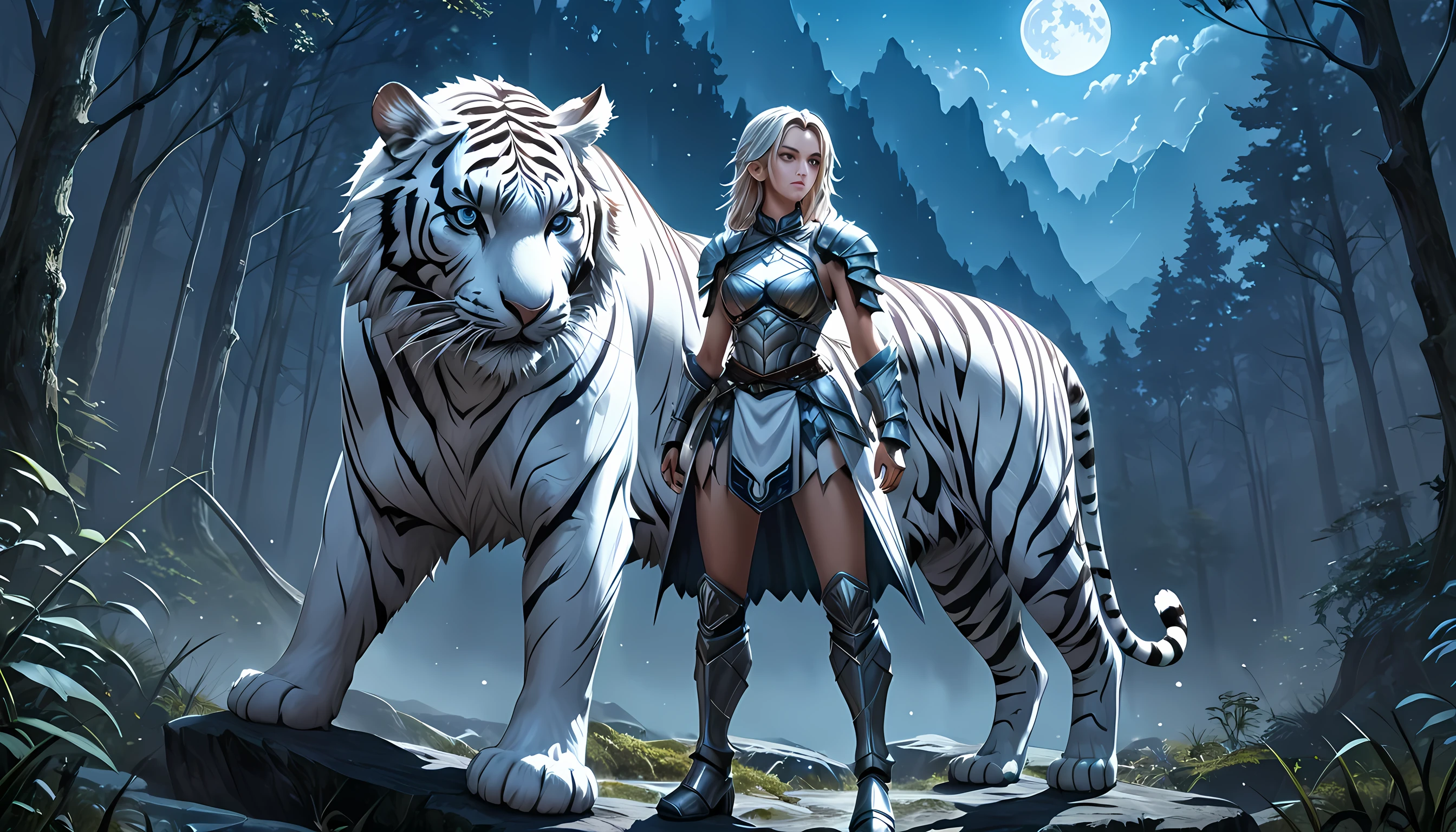 high details, best quality, 16k, [Ultra detailed], masterpiece,  best quality, (extremely detailed), dynamic angle, ultra wide shot, RAW, photorealistic, fantasy art, RPG art, realistic art, a wide angle picture of an epic female elf ranger and her pet (white tiger: 1.3),  warrior of nature, fighter of nature, full body, [[anatomically correct]] full body (intricate details, Masterpiece, best quality: 1.5) talking to an epic ((white tiger: 1.5)) (intricate details, Masterpiece, best quality: 1.6) armed with an epic magical sword  (intricate details, Masterpiece, best quality: 1.5) epic magical sword swordsman, glowing in blue light , in dark forest ( intricate details, Masterpiece, best quality: 1.4), a female beautiful epic drow wearing leather armor (intricate details, Masterpiece, best quality: 1.5), leather boots, thick hair, long hair, red hair, pale skin intense eyes, forest  background (intense details), moon light, stars light, clouds (intricate details, Masterpiece, best quality: 1.5), dynamic angle, (intricate details, Masterpiece, best quality: 1.3), high details, best quality, highres, ultra wide angle, ladyshadow, Armored Dress, Dark Novel