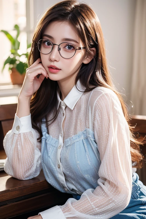 Masterpiece, highest quality, realistic, very detailed. Subtleties High resolution 8k wallpaper beautiful woman. Wearing a dark blue see-through shirt. living room. Light brown messy hair. The perfect dynamic composition of beautiful and beautiful eyes gradually in 28 year old woman has a long light brown hairstyle with slight bangs.,Dress up and have a unique style. ,Light brown eyes and beautiful They are cute and fun playmates.,Wear glasses with a beautiful and modern design.,Beautiful, healthy, white-pink skin.,small mouth