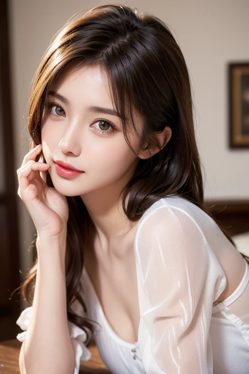 Masterpiece, highest quality, realistic, very detailed. Subtleties High resolution 8k wallpaper beautiful woman. Wearing a dark blue see-through shirt. living room. Light brown messy hair. The perfect dynamic composition of beautiful and beautiful eyes gradually in 28 year old woman has a long light brown hairstyle with slight bangs.,Dress up and have a unique style. ,Light brown eyes and beautiful They are cute and fun playmates.,Wear glasses with a beautiful and modern design.,Beautiful, healthy, white-pink skin.,small mouth