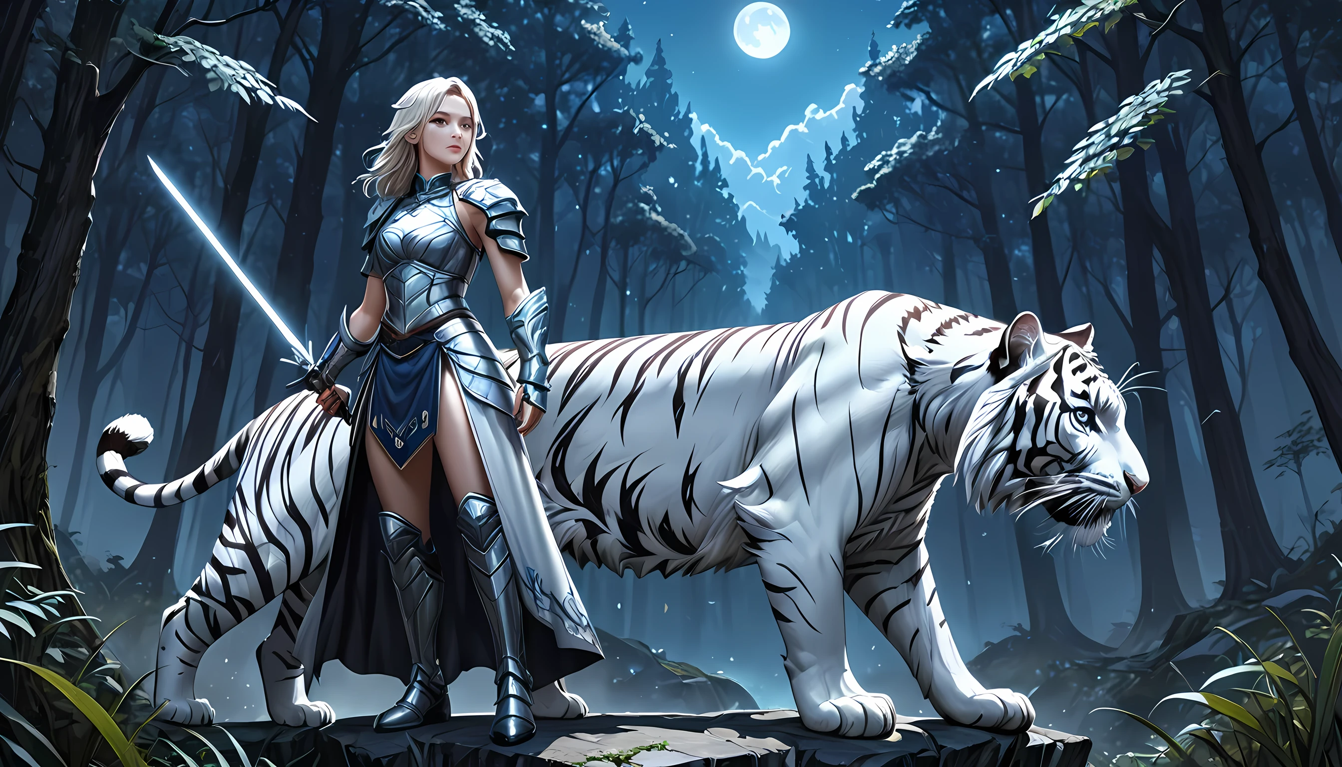 high details, best quality, 16k, [Ultra detailed], masterpiece,  best quality, (extremely detailed), dynamic angle, ultra wide shot, RAW, photorealistic, fantasy art, RPG art, realistic art, a wide angle picture of an epic female elf ranger and her pet (white tiger: 1.3),  warrior of nature, fighter of nature, full body, [[anatomically correct]] full body (intricate details, Masterpiece, best quality: 1.5) talking to an epic ((white tiger: 1.5)) (intricate details, Masterpiece, best quality: 1.6) armed with an epic magical sword  (intricate details, Masterpiece, best quality: 1.5) epic magical sword swordsman, glowing in blue light , in dark forest ( intricate details, Masterpiece, best quality: 1.4), a female beautiful epic drow wearing leather armor (intricate details, Masterpiece, best quality: 1.5), leather boots, thick hair, long hair, red hair, pale skin intense eyes, forest  background (intense details), moon light, stars light, clouds (intricate details, Masterpiece, best quality: 1.5), dynamic angle, (intricate details, Masterpiece, best quality: 1.3), high details, best quality, highres, ultra wide angle, ladyshadow, Armored Dress, Dark Novel