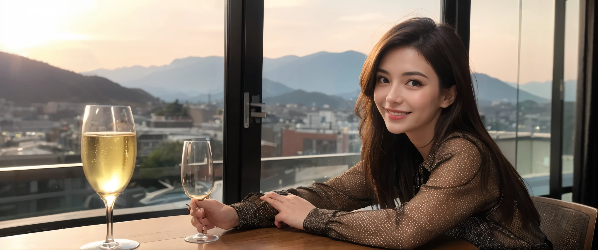 ((highest quality、8k、masterpiece:1.3))、newjapan,LOVE,wineparty,1 male1 female、Couple、spouse、Couple、Slim body、((Bob Hale、Straight hair:1.2)), (Realistic, Intricate details:1.2), Wine glass on the table、Shine light on your face、 Amazing view of the sunset sky and clouds、Amazing mountain views、A bright smile、The wonderfulness of smile、Bright image、The beauty of wine, Beautiful Face, blue eyes, The light shines on your face, Blushing, short hair,Bright Face、 (Age 37), 39 years old, red wine 、Appetizers、Italian food、Wine bottle、Champagne、sparkling wine、Two beauties、Brown Hair、Shortcuts、Long sleeve shirt、dress、Pretty Woman 1, (Slim face), (The body is slim), (Brown Hair), (Shortcuts), cheeks turn a little red,Attractive beauty、restaurant, In a prominent place (From the waist up) Nova Frog Style, actress, model, Upper Body, White wine, slim, wine glass, Wine glass placed in the center, smile, (smile: 1.15), Beautiful fine grain, Depth f/2,saturation, High Contrast, Strong light and shadow,Moist Body:1.5、3D texture、Delicate eyes、Brown Hair、The hair is very shiny、