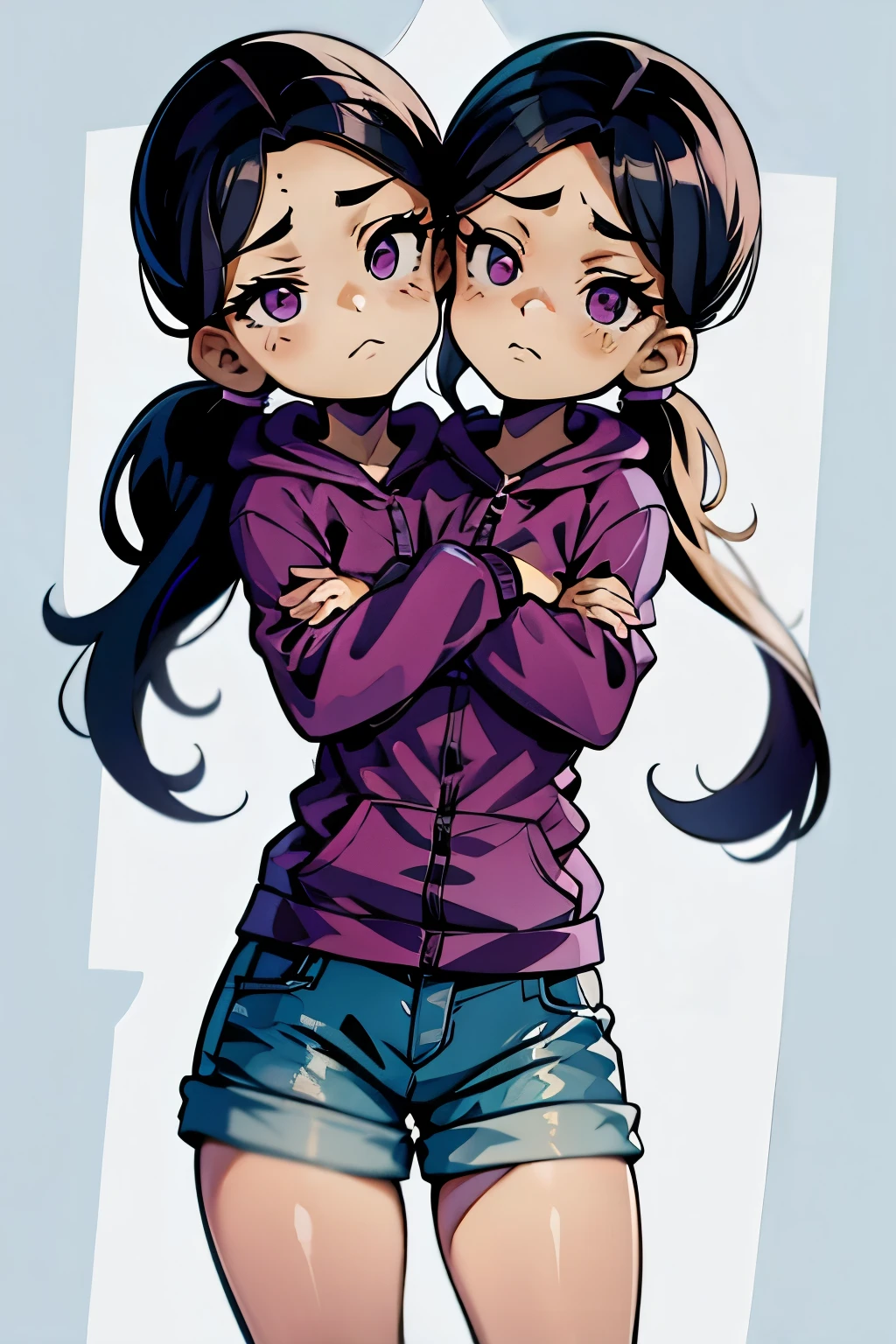 conjoined, 2heads, girl with two heads instead of one, 2head, cuerpo curvilineo, brazos curvilineos, usando shorts, ropa abrigada, piernas curvilineas, anime cartoon, using a purple hoodie, each head has a ponytail, anatomia proporcionada, torso ancho, pechos medianos
