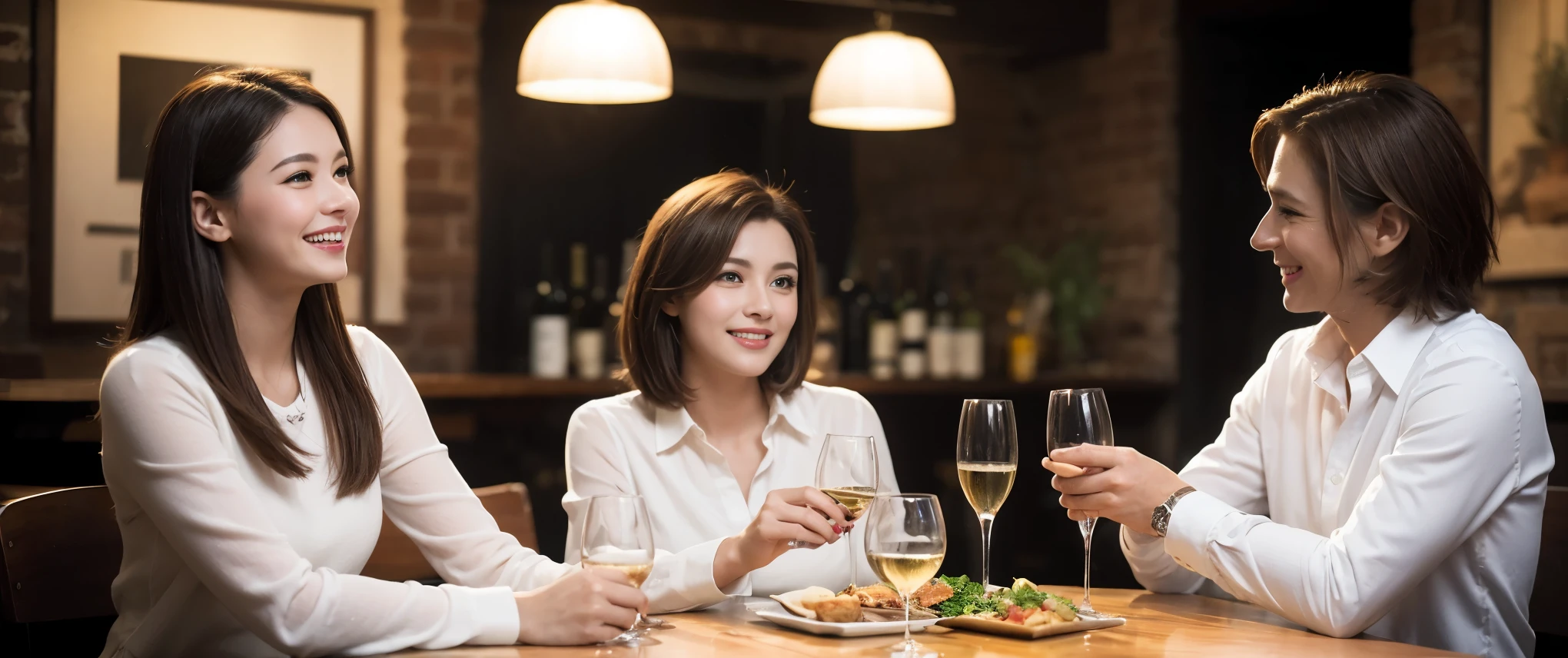 ((highest quality、8k、masterpiece:1.3))、newjapan,LOVE,wineparty,1 male1 female、Couple、spouse、Couple、Slim body、((Bob Hale、Straight hair:1.2)), (Realistic, Intricate details:1.2), Wine glass on the table、Shine light on your face、 Amazing view of the sunset sky and clouds、Amazing mountain views、A bright smile、The wonderfulness of smile、Bright image、The beauty of wine, Beautiful Face, blue eyes, The light shines on your face, Blushing, short hair,Bright Face、 (Age 37), 39 years old, red wine 、Appetizers、Italian food、Wine bottle、Champagne、sparkling wine、Two beauties、Brown Hair、Shortcuts、Long sleeve shirt、dress、Pretty Woman 1, (Slim face), (The body is slim), (Brown Hair), (Shortcuts), cheeks turn a little red,Attractive beauty、restaurant, In a prominent place (From the waist up) Nova Frog Style, actress, model, Upper Body, White wine, slim, wine glass, Wine glass placed in the center, smile, (smile: 1.15), Beautiful fine grain, Depth f/2,saturation, High Contrast, Strong light and shadow,Moist Body:1.5、3D texture、Delicate eyes、Brown Hair、The hair is very shiny、