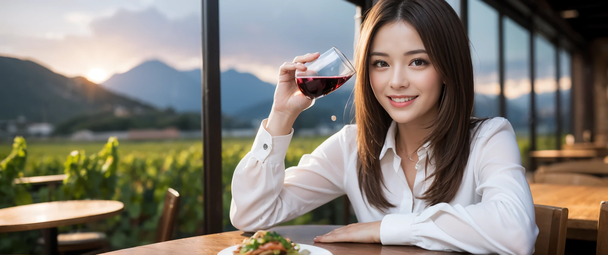 ((highest quality、8k、masterpiece:1.3))、newjapan,LOVE,wineparty,1 male1 female、Couple、spouse、Couple、Slim body、((Bob Hale、Straight hair:1.2)), (Realistic, Intricate details:1.2), Wine glass on the table、Shine light on your face、 Amazing view of the sunset sky and clouds、Amazing mountain views、A bright smile、The wonderfulness of smile、Bright image、The beauty of wine, Beautiful Face, blue eyes, The light shines on your face, Blushing, short hair,Bright Face、 (Age 37), 39 years old, red wine 、Appetizers、Italian food、Wine bottle、Champagne、sparkling wine、Two beauties、Brown Hair、Shortcuts、Long sleeve shirt、dress、Pretty Woman 1, (Slim face), (The body is slim), (Brown Hair), (Shortcuts), cheeks turn a little red,Attractive beauty、restaurant, In a prominent place (From the waist up) Nova Frog Style, actress, model, Upper Body, White wine, slim, wine glass, Wine glass placed in the center, smile, (smile: 1.15), Beautiful fine grain, Depth f/2,saturation, High Contrast, Strong light and shadow,Moist Body:1.5、3D texture、Delicate eyes、Brown Hair、The hair is very shiny、