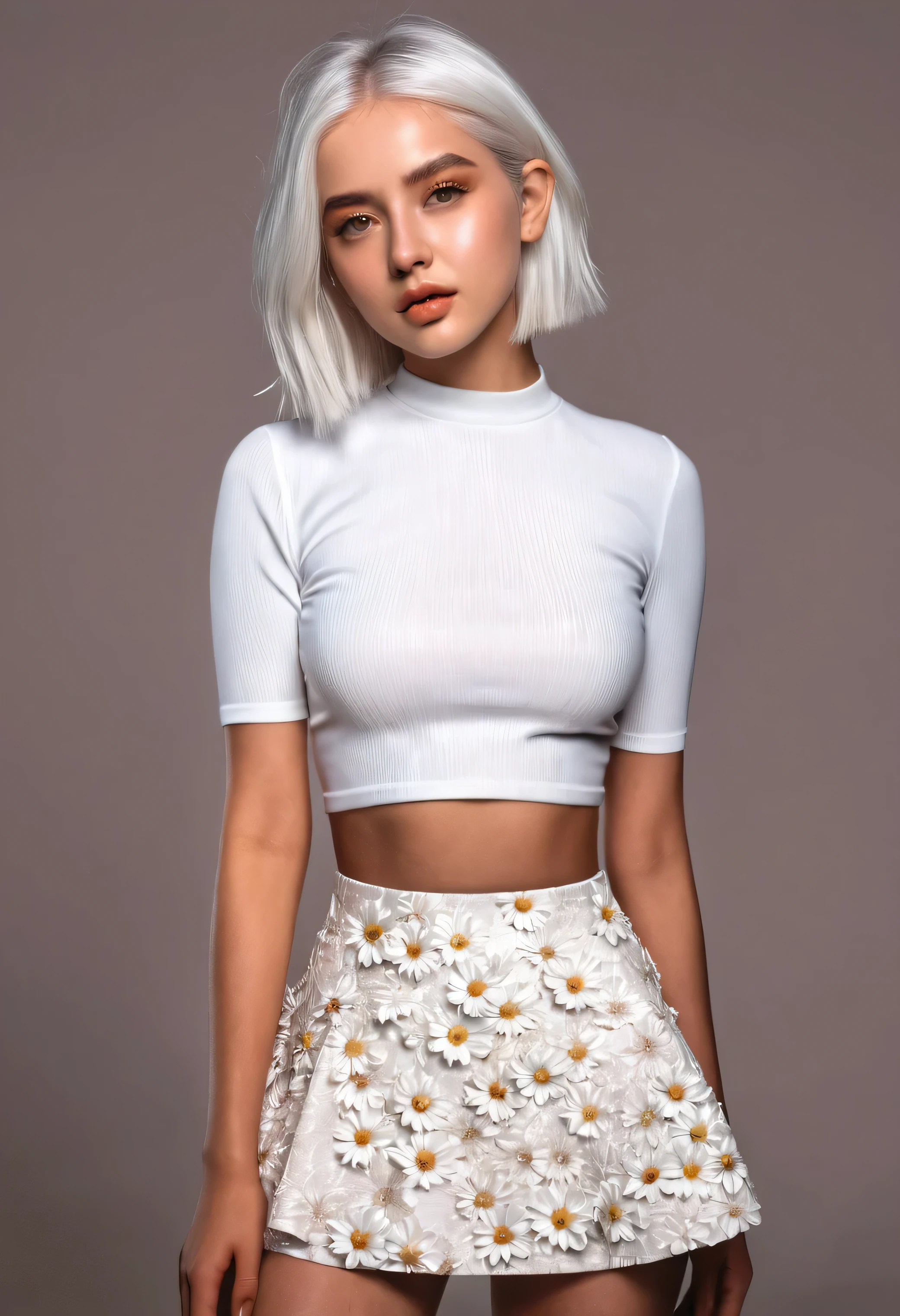 ultra realistic, girl, white hair, light ultra realistic eyes, crop top, skirt, parted lips, blush, ultra textured skin night, flowers, sun, studio light, looking at camera