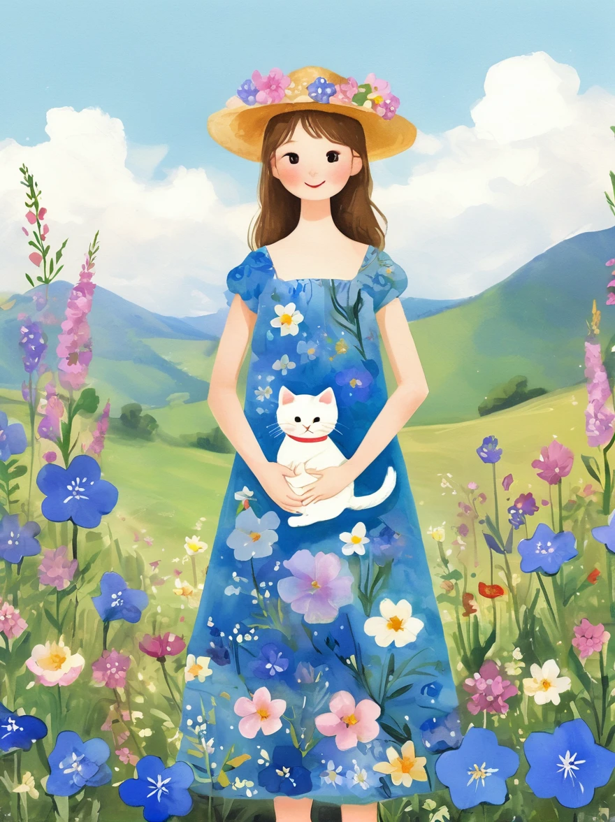 (Beautiful young girl wearing a beautiful dress made of blue flowers:1.5)，(Holding a cute kitten:1.5)，Beautiful landscape background，White Cloud，fantasy-realism，Fascinating，HDR，Highly detailed photorealistic digital art