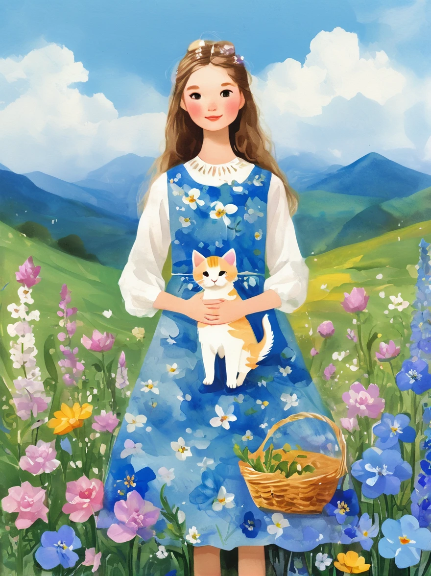 (Beautiful young girl wearing a beautiful dress made of blue flowers:1.5)，(Holding a cute kitten:1.5)，Beautiful landscape background，White Cloud，fantasy-realism，Fascinating，HDR，Highly detailed photorealistic digital art