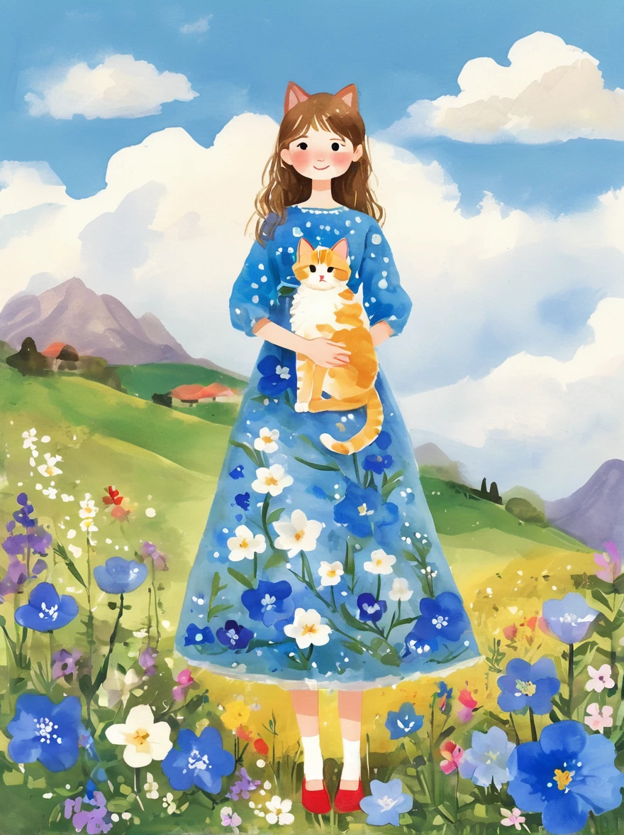 (Beautiful young girl wearing a beautiful dress made of blue flowers:1.5)，(Holding a cute kitten:1.5)，Beautiful landscape background，White Cloud，fantasy-realism，Fascinating，HDR，Highly detailed photorealistic digital art