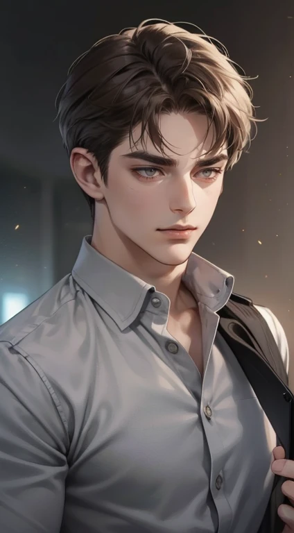 masterpiece, best quality, realistic, 1man, mature male, quiet and charming young man, 25 years old, close his eyes, serious look, extremely detailed face, ((dark grey eyes)), ((short-right-swept dark brown hair)), [thick eyebrows], detective, plain background, cinematic lighting, looking at the audience, posture dynamics, smirk, holding the phone