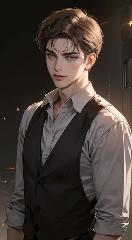 masterpiece, best quality, realistic, 1man, mature male, quiet and charming young man, 25 years old, close his eyes, serious look, extremely detailed face, ((dark grey eyes)), ((short-right-swept dark brown hair)), [thick eyebrows], detective, plain background, cinematic lighting, looking at the audience, posture dynamics, smirk, holding the phone