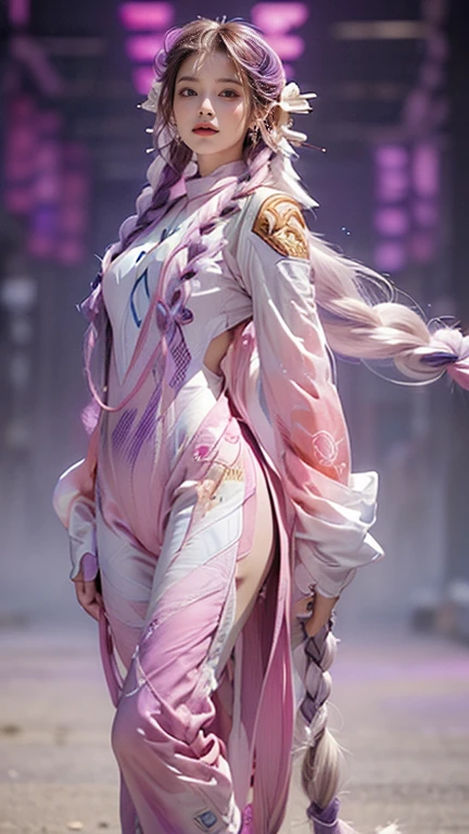 highest quality, Very detailed, masterpiece,Two women staring at each other,(((Perfect female body))),Very beautiful face, Very beautiful body,Gentle expression, Very beautiful eyes,(Perfect Makeup:1.1),Fashion Model,Cyberpunk Fashion,Cinematic Light,Curly Hair,Shaggy Hair, (Drifting in the Wind,White and purple gradient long braids:1.5),very thin body,Smart Abs,(Monogram pattern:1.3), (((Various patterns,Pink and blue gradient,Racing Suits:1.3))),anklet,Tech High Top Sneakers,A kind smile,Full body portrait,(Night in Cyber City), (Shiny skin),(Earrings),Long scarf with elegant pattern,Neon long shawl,Digital Feather,LED Signs,