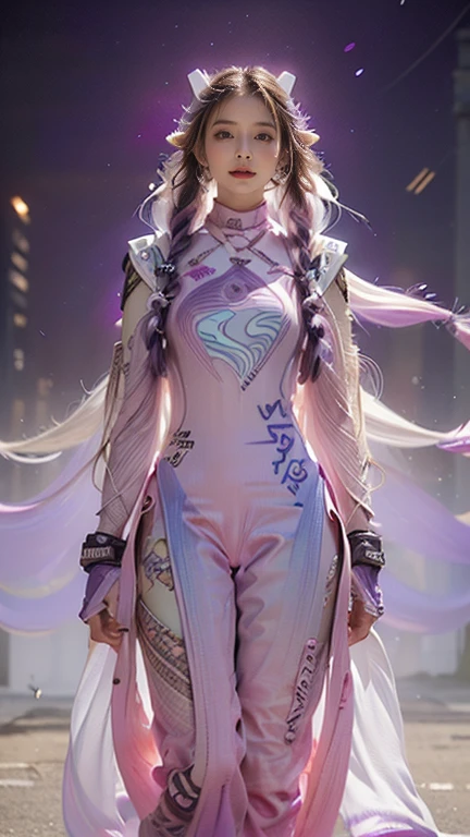 highest quality, Very detailed, masterpiece,Two women staring at each other,(((Perfect female body))),Very beautiful face, Very beautiful body,Gentle expression, Very beautiful eyes,(Perfect Makeup:1.1),Fashion Model,Cyberpunk Fashion,Cinematic Light,Curly Hair,Shaggy Hair, (Drifting in the Wind,White and purple gradient long braids:1.5),very thin body,Smart Abs,(Monogram pattern:1.3), (((Various patterns,Pink and blue gradient,Racing Suits:1.3))),anklet,Tech High Top Sneakers,A kind smile,Full body portrait,(Night in Cyber City), (Shiny skin),(Earrings),Long scarf with elegant pattern,Neon long shawl,Digital Feather,LED Signs,