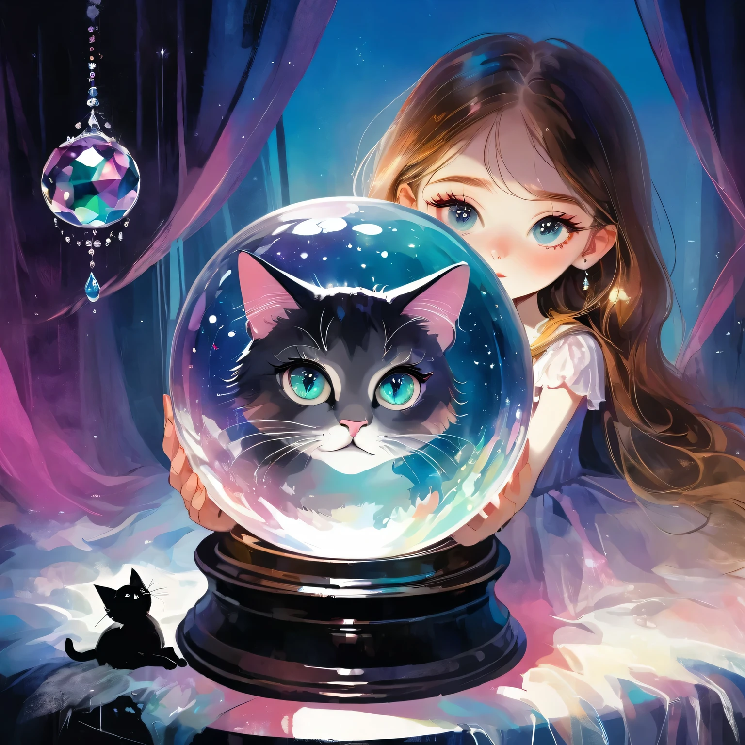 A young girl and a cat trapped in a crystal ball,Vivid colors,Dramatic lighting,Dreamy atmosphere,beautiful eyes,Long eyelashes,rough texture,Hand drawn style,
