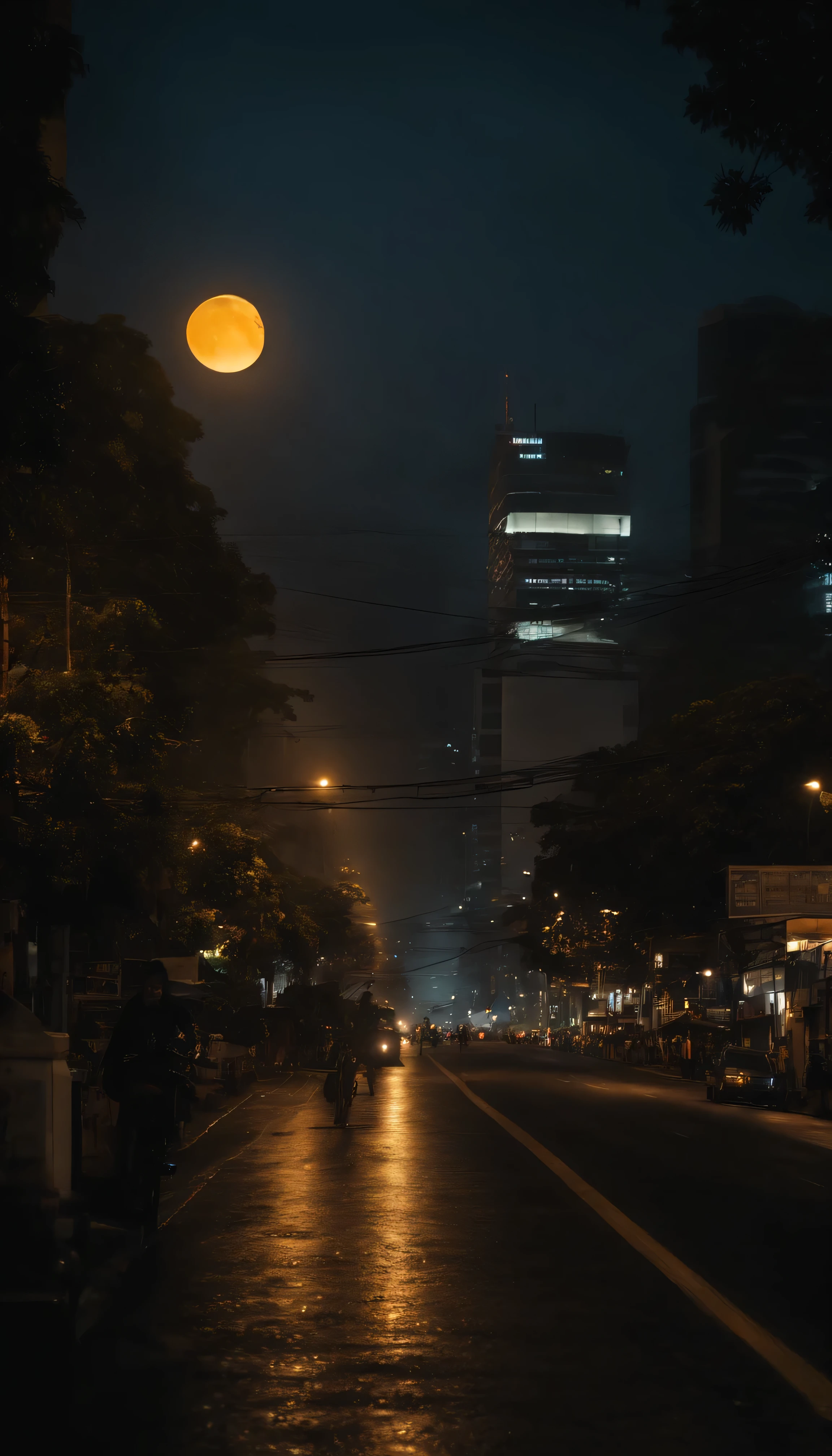 masterpiece, highest quality, approaching perfection, (perfect photo:1.1), (high detail:1.1), midnight, night, street lights, sidewalks, Jakarta city, moon