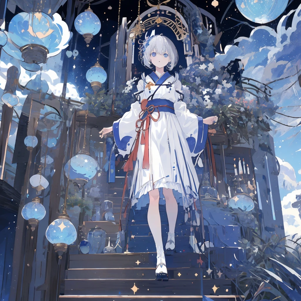 Pay attention to the hair color that matches the clothes)))、One girl,highest quality、８hair,Handsome face、VTuber - whole body、視聴者に向かって真っすぐfrontの絵、starの妖精、全身front立ち絵、front,highest quality、masterpiece、Official Art、Very detailed、so beautiful、かわいいstarの妖精、Gray hair straight long、milky way、universe、star charm、star、Baby Face、hairnee-high boots、Japanese pattern dress、A beautiful girl wearing a black and white outfit made from a remade yukata.、milky wayやuniverseを感じる柄の花魁フリルドレス、Vtuber model