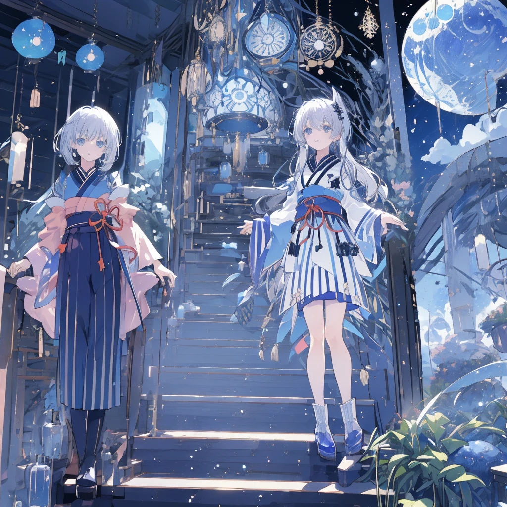 Pay attention to the hair color that matches the clothes)))、One girl,highest quality、8hair,Handsome face、VTuber - whole body、視聴者に向かって真っすぐfrontの絵、starの妖精、全身front立ち絵、front,highest quality、masterpiece、Official Art、Very detailed、so beautiful、かわいいstarの妖精、Gray hair straight long、milky way、universe、star charm、star、Baby Face、hairnee-high boots、Japanese pattern dress、A beautiful girl wearing a black and white outfit made from a remade yukata.、milky wayやuniverseを感じる柄の花魁フリルドレス、Vtuber model
