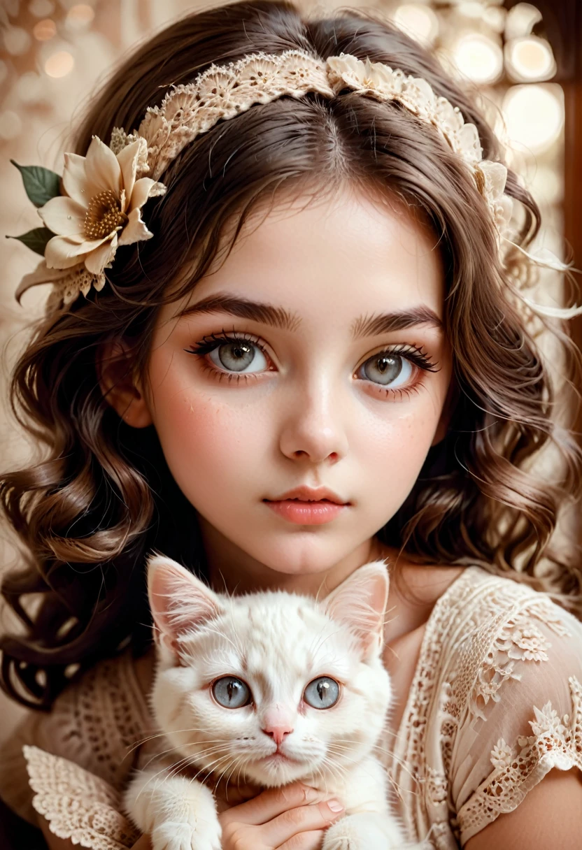 Girl with Cat, A girl with a cute kitten,sepia toned photography,beautiful detailed eyes,beautiful detailed lips,extremely detailed eyes and face,long eyelashes,vintage style,crochet flowers,1967,soft lighting,warm color palette,film grain effect,bokeh background,natural tones,nostalgic mood